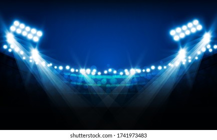 Football arena field with bright stadium lights vs letters for sports and fight competition vector design 