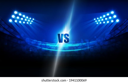 Football arena field with bright stadium lights vs letters for sports and fight competition vector design 