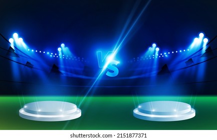 Campo de campo de fútbol con luces estadistas brillantes Lucha de deporte y juego, Batalla o Deporte. Iluminación del vector