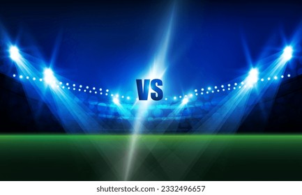 Football arena field with bright stadium lights vs letters for sports and fight competition vector design 