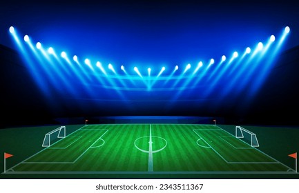 Football arena field with bright stadium lights vector design.