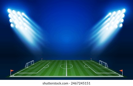 Football arena field with bright stadium lights vector design and information scoreboard. Vector illumination