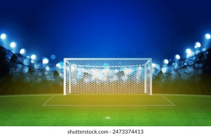 Football arena field with bright stadium lights vector design and information scoreboard. Vector illumination