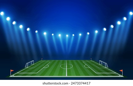 Football arena field with bright stadium lights vector design and information scoreboard. Vector illumination