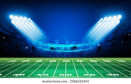 Football arena field with bright stadium lights vector design Vector illumination