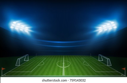 Football arena field with bright stadium lights vector design. Vector illumination