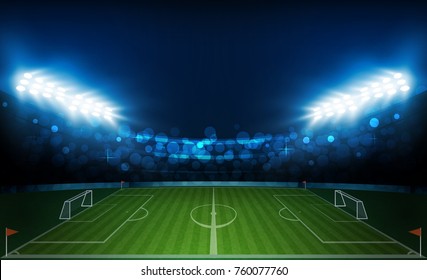 Football arena field with bright stadium lights vector design. Vector illumination