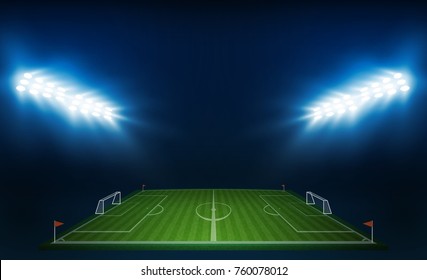 Football arena field with bright stadium lights vector design. Vector illumination