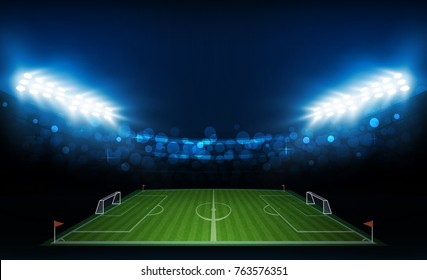 Football arena field with bright stadium lights vector design. Vector illumination