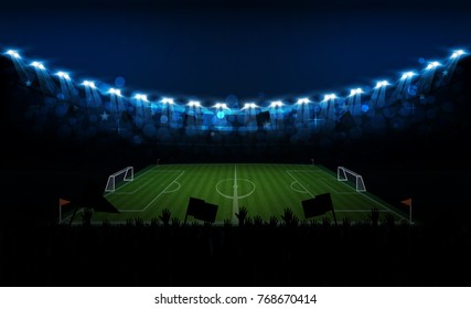 Football arena field with bright stadium lights vector design. Vector illumination