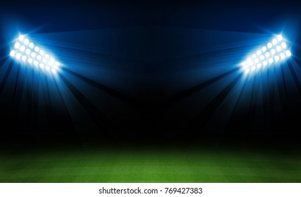 Football arena field with bright stadium lights vector design. Vector illumination