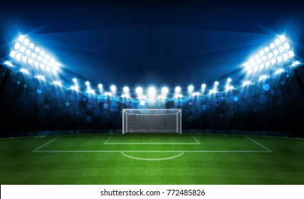 Football arena field with bright stadium lights vector design. Vector illumination