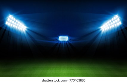 Football arena field with bright stadium lights vector design. Vector illumination
