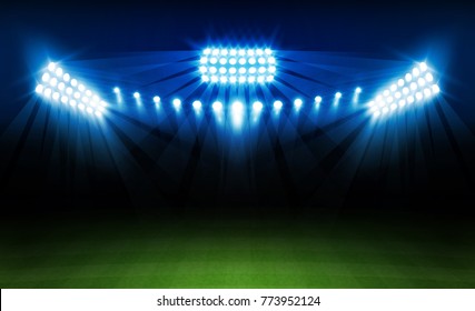 Football arena field with bright stadium lights vector design. Vector illumination