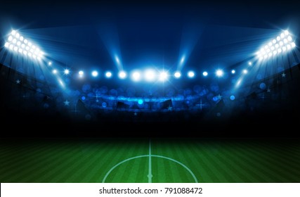 Football arena field with bright stadium lights design. Vector illumination