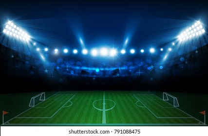 Football arena field with bright stadium lights design. Vector illumination