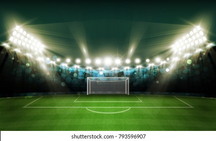 Football arena field with bright stadium lights vector design. Vector illumination