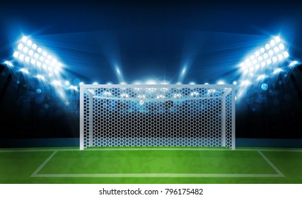 Football arena field with bright stadium lights design. Vector illumination