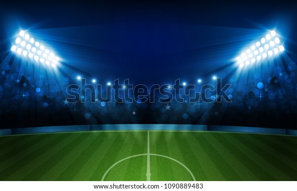 明るいスタジアムライトのベクター画像デザインを持つサッカーアリーナフィールド ベクトル照明 のベクター画像素材 ロイヤリティフリー
