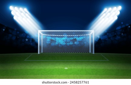 Football arena field and floodlights Bright stadium arena lights blue. Vector