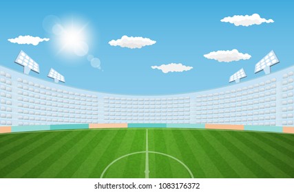 Football arena field with lights sun daytime vector design. Vector illustration