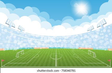 Football arena field with lights sun daytime vector design. Vector illumination