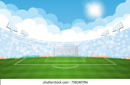 Football arena field with lights sun daytime vector design. Vector illumination