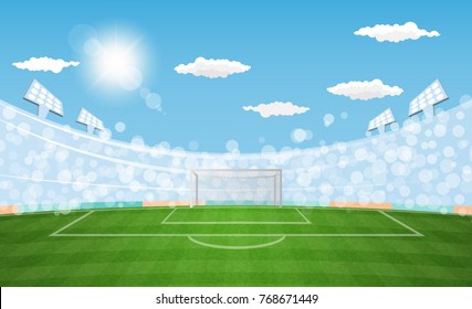 Football arena field with lights sun daytime vector design. Vector illustration