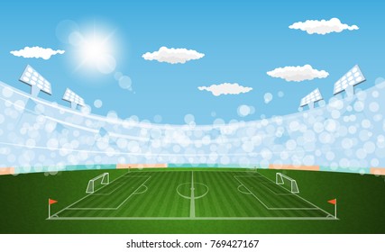 Football arena field with lights sun daytime vector design. Vector illustration