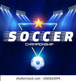 Football Arena with Lights. Soccer Stadium Projectors and Spotlights with Ball. Vector illustration