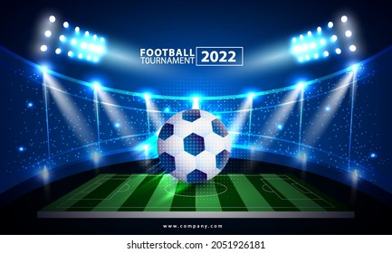 Football arena. Sport public stadium with lights background. Vector illustration