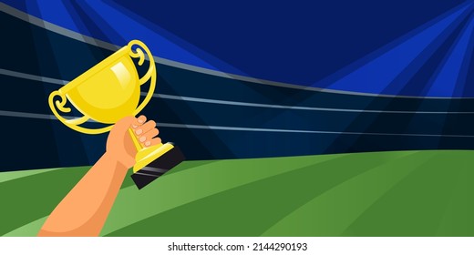 Football arena vector illustration. Realistic soccer stadium with lights, spotlights. Golden cup on night sport playground, football field. Audience with fans cartoon design. Championship competition