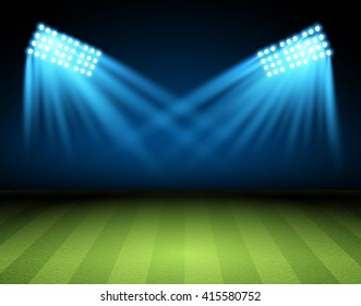 Football arena. Vector Soccer field with searchlight, spotlight, projector