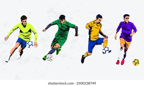 Atleta de fútbol driblando la pelota. conjunto de atletas de fútbol. Diseño de ilustración de jugador de fútbol para elemento de celebración del día nacional de deportes de fútbol. Torneo de fútbol.