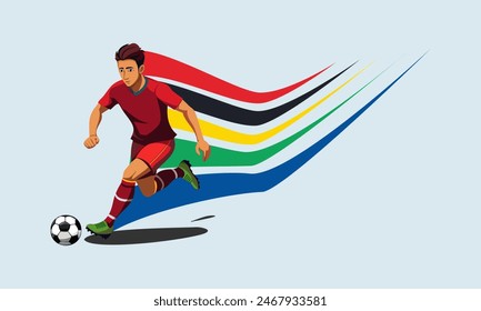 Atleta de fútbol aislado sobre fondo azul con un tren de color detrás de la espalda. Juegos de verano 2024. Ilustración vectorial.