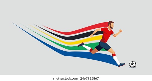 Atleta de fútbol aislado sobre fondo azul con un tren de color detrás de la espalda. Juegos de verano 2024. Ilustración vectorial.