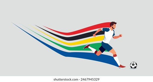 Atleta de fútbol aislado sobre fondo azul con un tren de color detrás de la espalda. Juegos de verano 2024. Ilustración vectorial.