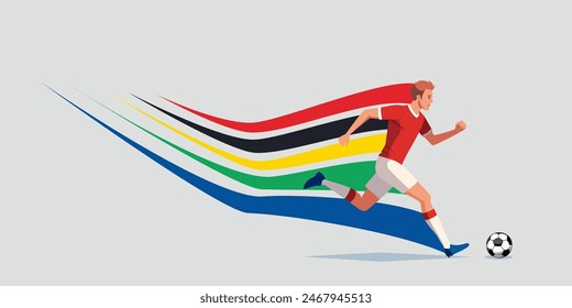 Atleta de fútbol aislado sobre fondo blanco con un tren de color detrás de la espalda. Juegos de verano 2024. Ilustración vectorial.