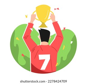 football athlete lifts championship trophy. soccer player number 7. rear view. flat vector illustration.