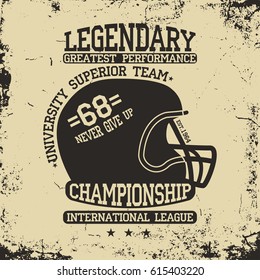 Football athletics typography, sportswear emblem. Athletic university apparel design with helmet and lettering around it. T-shirt graphics with grunge. Vector