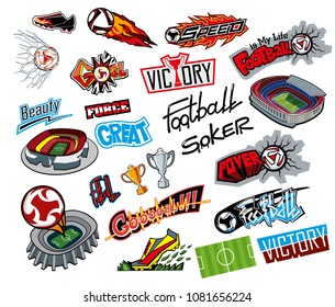 Football attributes, stickers in the style of graffiti. Vector graphics, isolated