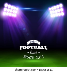 Football background with green field, spotlights and place for text.