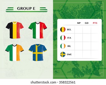 football background with jerseys and football icons with flag design, group e of european soccer tournament 