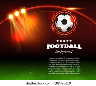 Football background with soccer ball, green field, spotlights, abstract stadium and place for text.