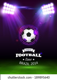 Football background with soccer ball, green field, spotlights, abstract stadium and place for text.