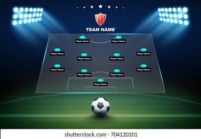 Football background with soccer ball, green field, spotlights and Football formation tactic