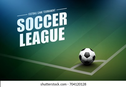 Football background with soccer ball, green field, spotlights, and soccer league text.