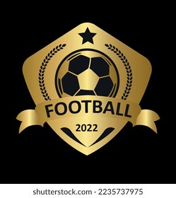 Football badge gold. Ball with wreaths in rhombus, trophy and award, achievement. Sticker for social networks and messengers. Prize for winner of competition. Cartoon flat vector illustration