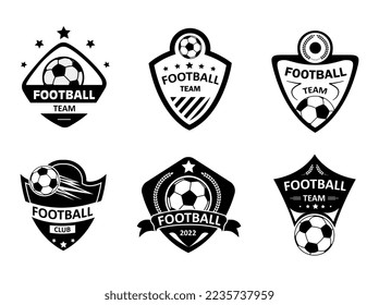 Football badges black set. Collection of stickers for social networks and messengers. template, layout and mock up. Team sports. Cartoon flat vector illustrations isolated on white background