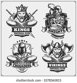 Football badges, labels and design elements. Sport club emblems with king, crusader, knight and viking.